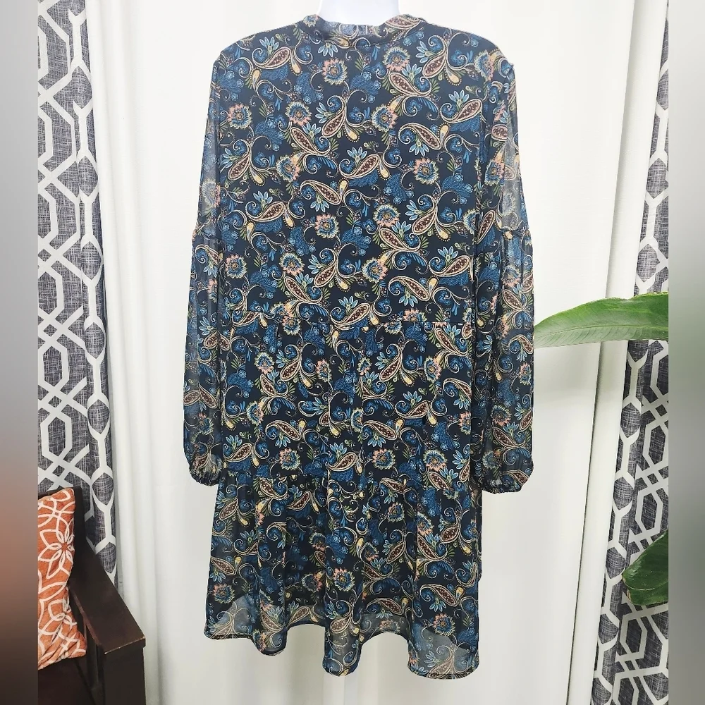 Luxology Blue and Gold Paisley Long Sleeve Flowy Dress - Picture 2 of 7